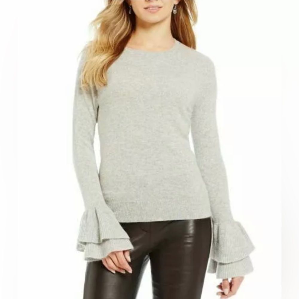ANTONIO MELANI 100% Cashmere Gray Crew Neck Sweater with Ruffle Cuffs